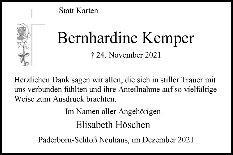  Traueranzeige für Bernhardine Kemper vom 18.12.2021 aus Westfalen-Blatt