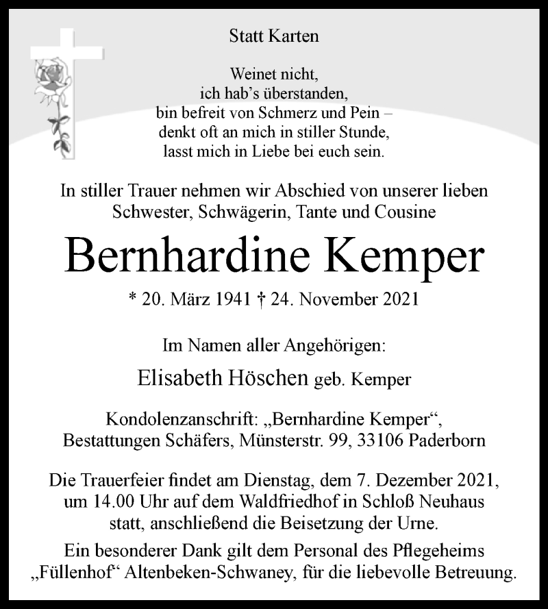  Traueranzeige für Bernhardine Kemper vom 01.12.2021 aus Westfalen-Blatt