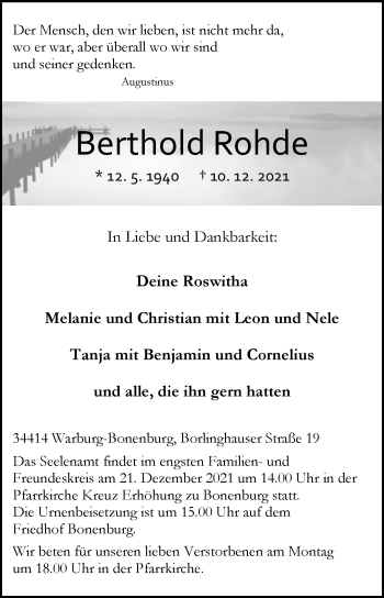 Traueranzeige von Berthold Rohde von Westfalen-Blatt