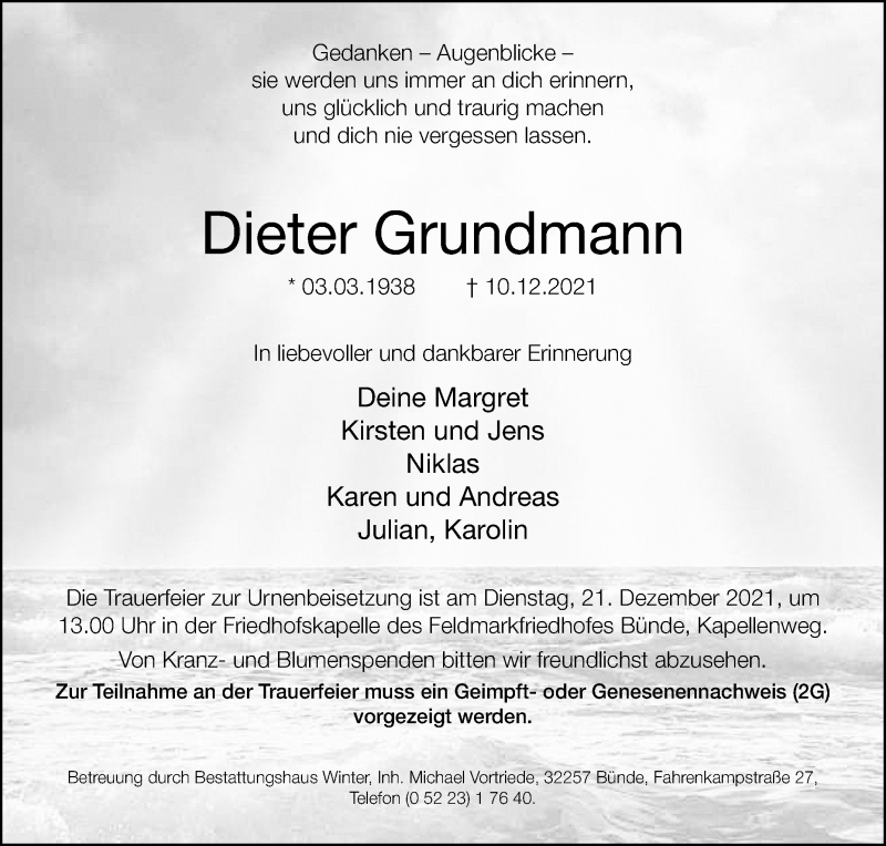  Traueranzeige für Dieter Grundmann vom 18.12.2021 aus Westfalen-Blatt