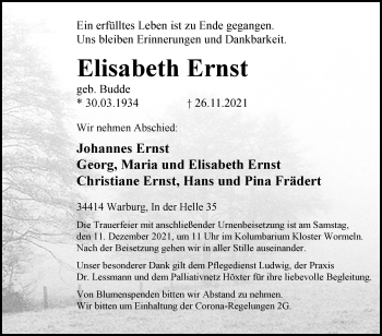 Traueranzeige von Elisabeth Ernst von Westfalen-Blatt