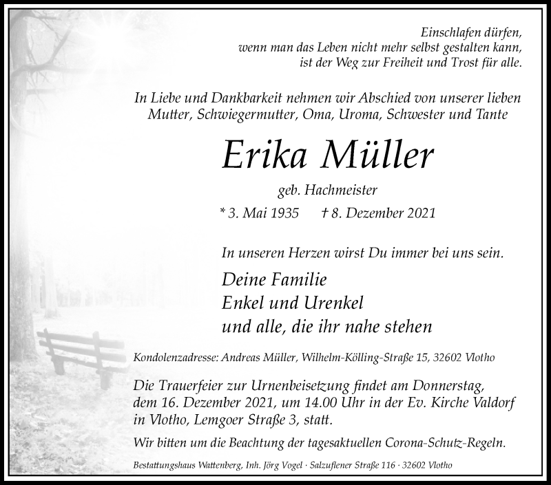 Traueranzeige für Erika Müller vom 11.12.2021 aus Westfalen-Blatt