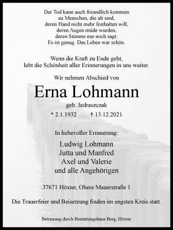 Traueranzeige von Erna Lohmann von Westfalen-Blatt