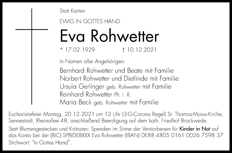  Traueranzeige für Eva Rohwetter vom 15.12.2021 aus Westfalen-Blatt