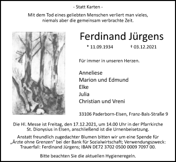 Traueranzeige von Ferdinand Jürgens von Westfalen-Blatt