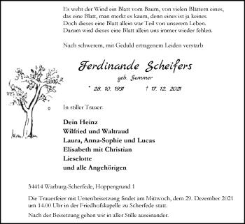 Traueranzeige von Ferdinande Scheifers von Westfalen-Blatt