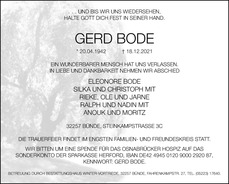  Traueranzeige für Gerd Bode vom 22.12.2021 aus Westfalen-Blatt