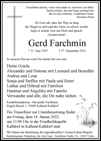 Traueranzeige von Gerd Farchmin von Westfalen-Blatt