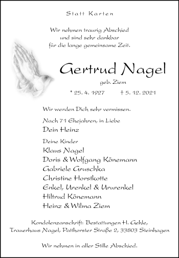 Traueranzeige von Gertrud Nagel von Westfalen-Blatt