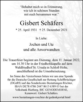 Traueranzeige von Gisbert Schäfers von Westfalen-Blatt