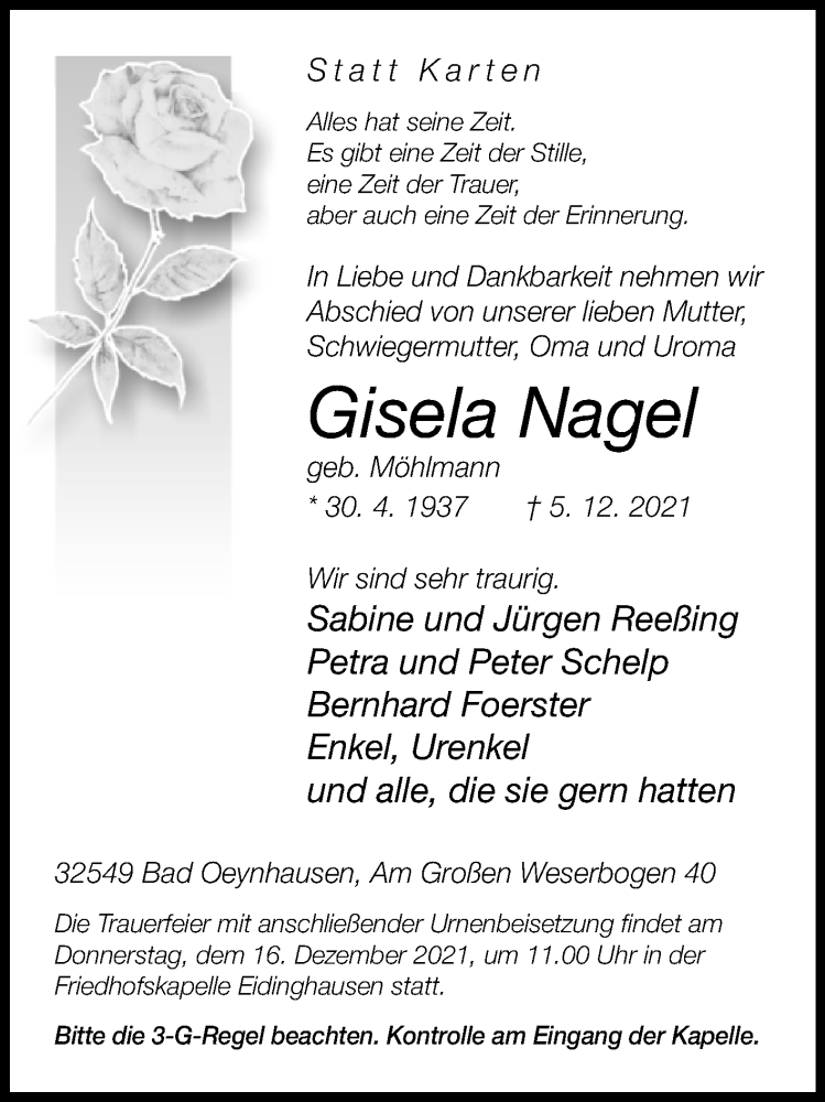  Traueranzeige für Gisela Nagel vom 14.12.2021 aus Westfalen-Blatt