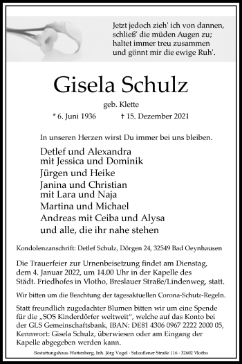 Traueranzeige von Gisela Schulz von Westfalen-Blatt