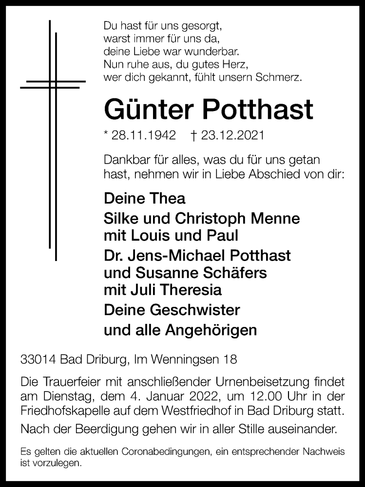  Traueranzeige für Günter Potthast vom 28.12.2021 aus Westfalen-Blatt