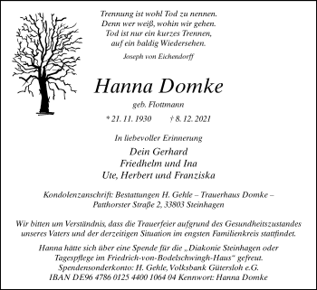Traueranzeige von Hanna Domke von Westfalen-Blatt