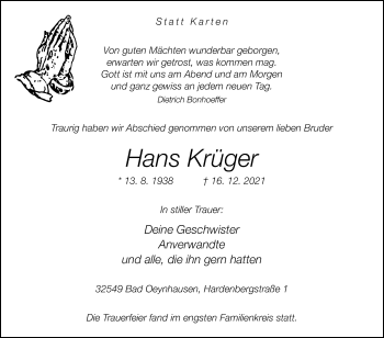 Traueranzeige von Hans Krüger von Westfalen-Blatt