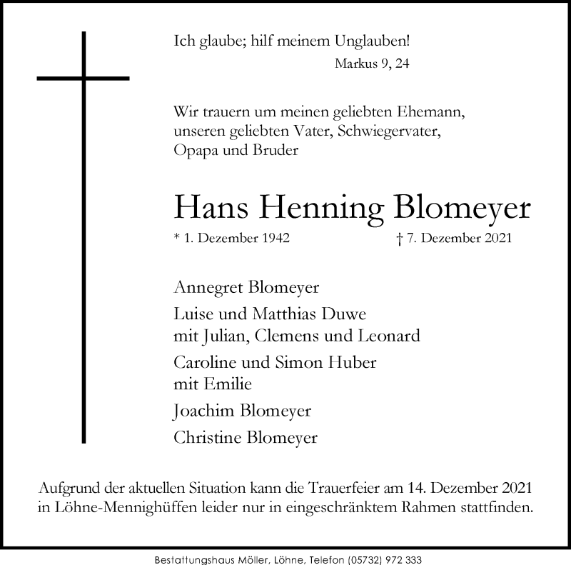  Traueranzeige für Hans Henning Blomeyer vom 11.12.2021 aus Westfalen-Blatt
