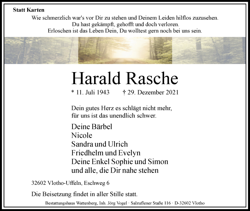  Traueranzeige für Harald Rasche vom 31.12.2021 aus Westfalen-Blatt