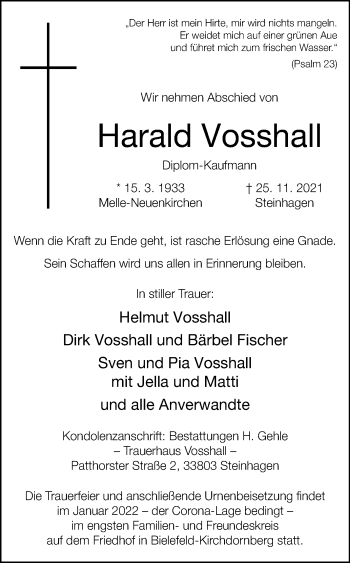 Traueranzeige von Harald Vosshall von Westfalen-Blatt