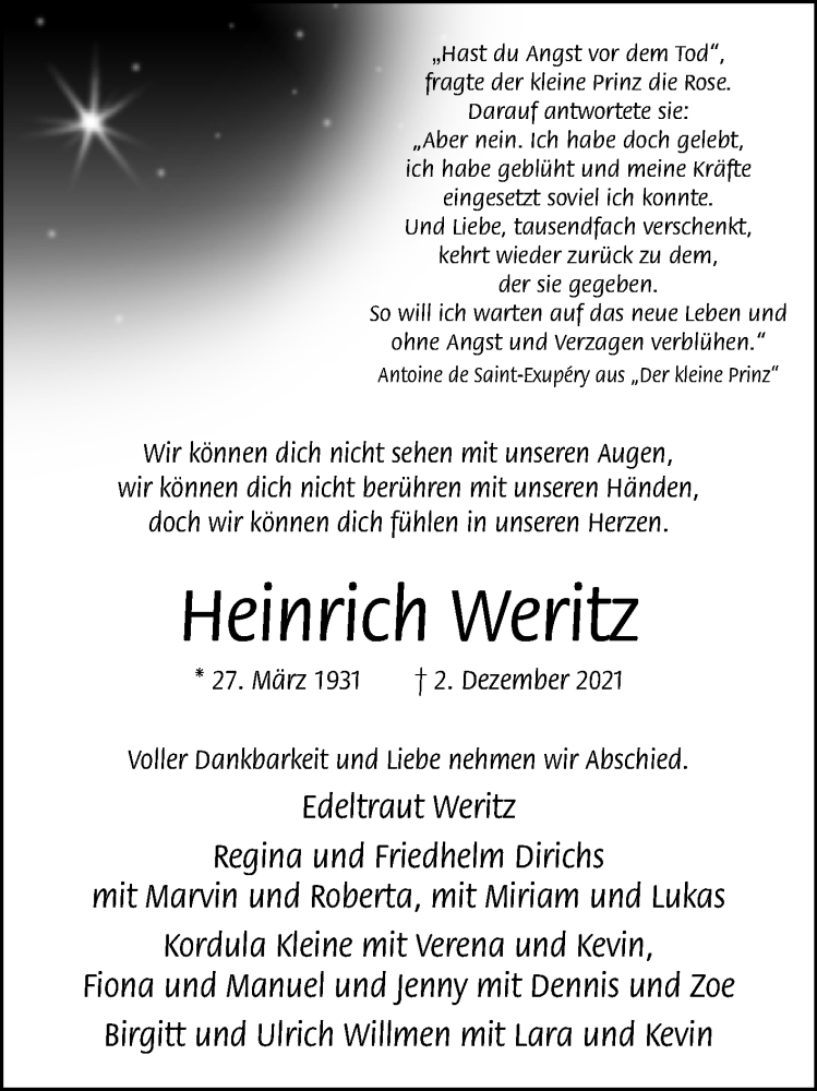  Traueranzeige für Heinrich Weritz vom 08.12.2021 aus Westfalen-Blatt