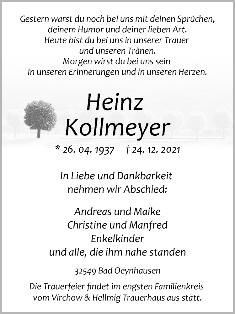  Traueranzeige für Heinz Kollmeyer vom 28.12.2021 aus Westfalen-Blatt