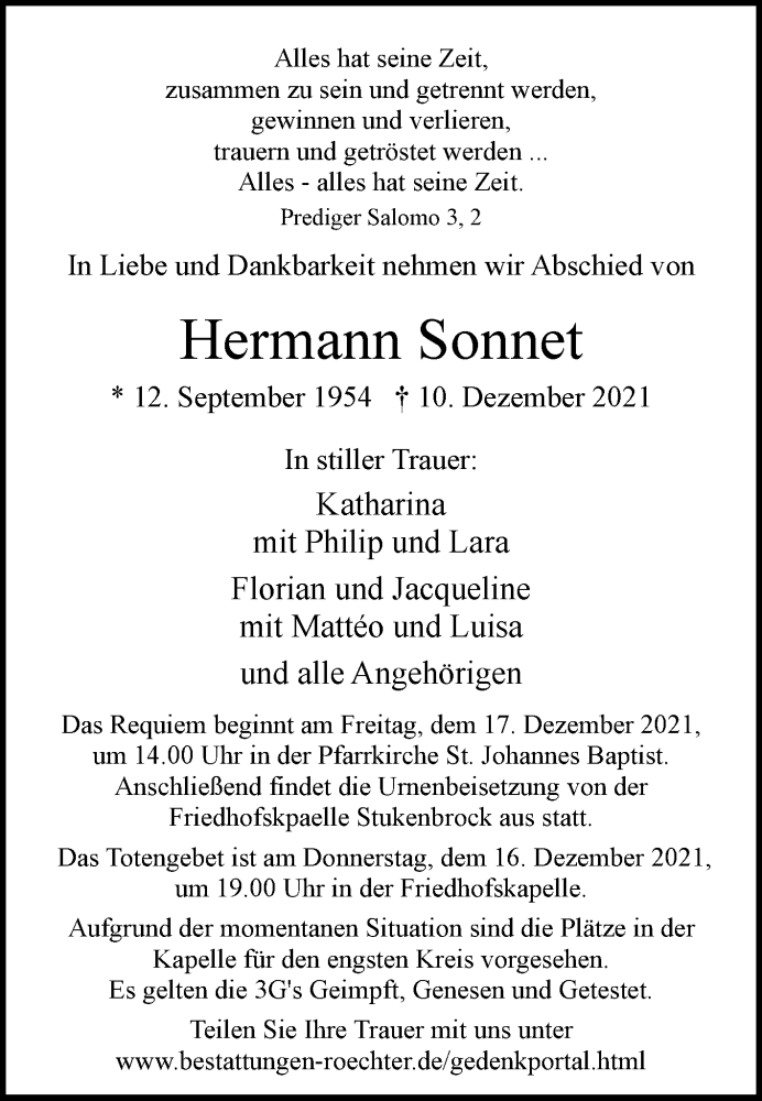  Traueranzeige für Hermann Sonnet vom 11.12.2021 aus Westfalen-Blatt