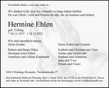 Traueranzeige von Hermine Ehlen von Westfalen-Blatt
