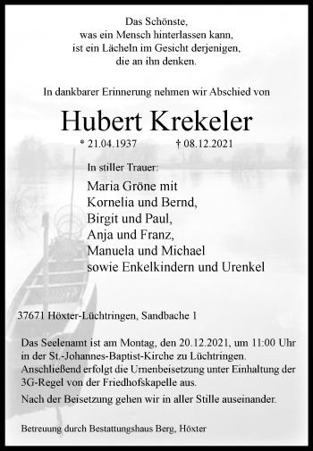 Traueranzeige von Hubert Krekeler von Westfalen-Blatt