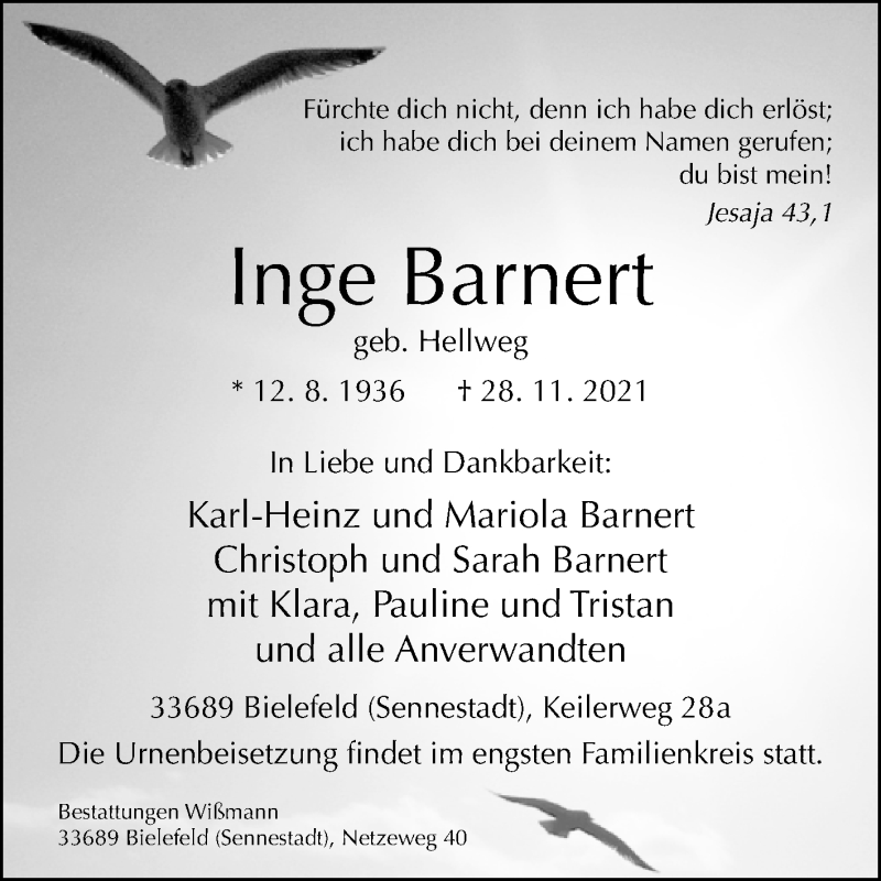  Traueranzeige für Inge Barnert vom 11.12.2021 aus Westfalen-Blatt