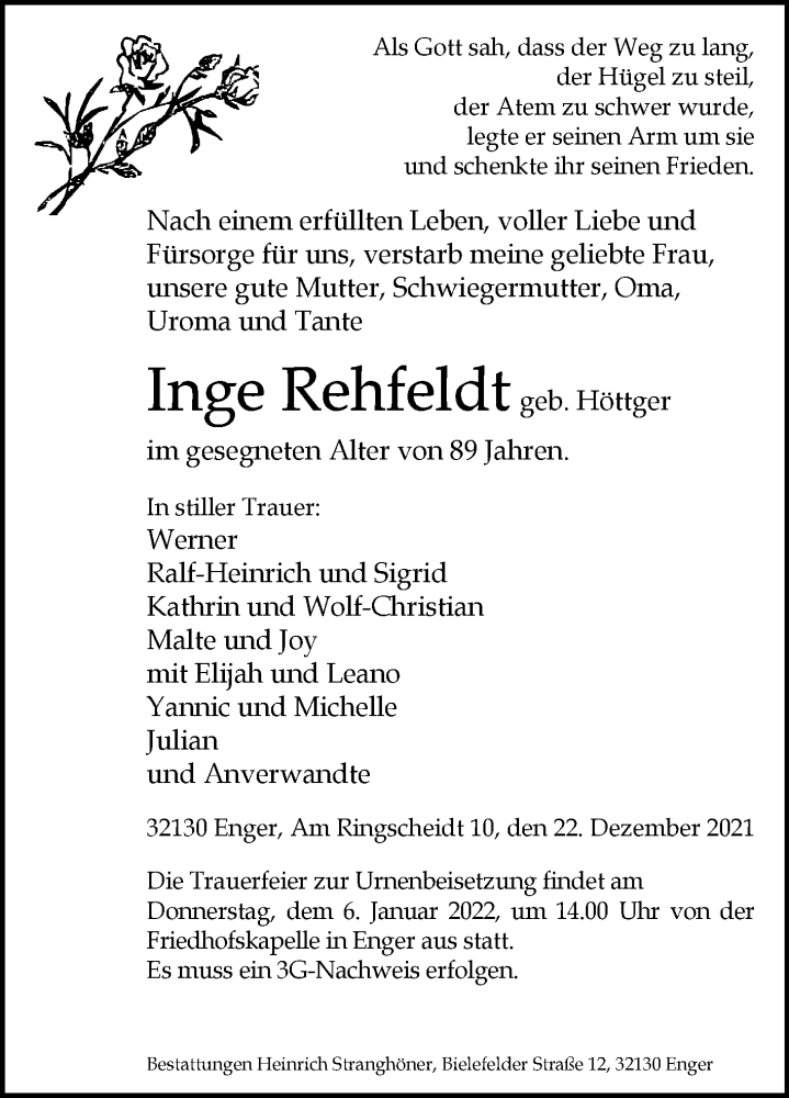  Traueranzeige für Inge Rehfeldt vom 29.12.2021 aus Westfalen-Blatt
