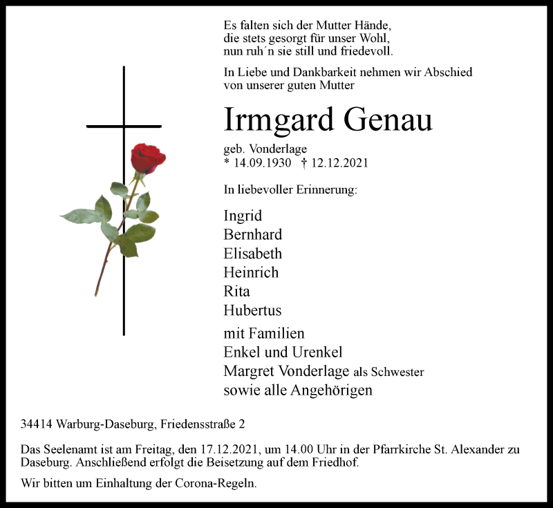  Traueranzeige für Irmgard Genau vom 15.12.2021 aus Westfalen-Blatt