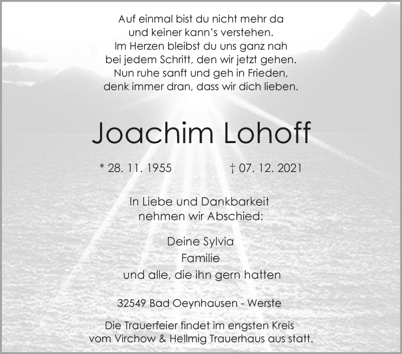  Traueranzeige für Joachim Lohoff vom 11.12.2021 aus Westfalen-Blatt