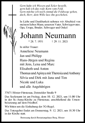 Traueranzeige von Johann Neumann von Westfalen-Blatt