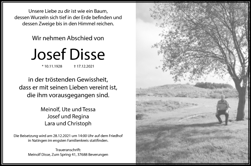  Traueranzeige für Josef Disse vom 24.12.2021 aus Westfalen-Blatt