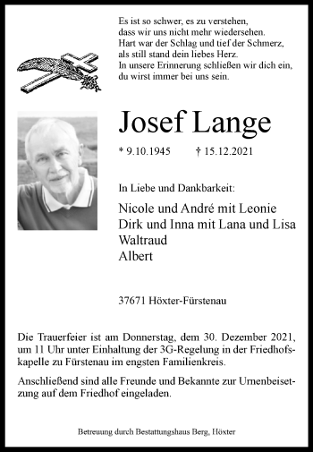 Traueranzeige von Josef Lange von Westfalen-Blatt