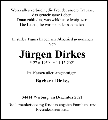Traueranzeige von Jürgen Dirkes von Westfalen-Blatt