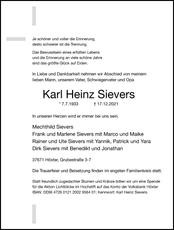 Traueranzeige von Karl Heinz Sievers von Westfalen-Blatt