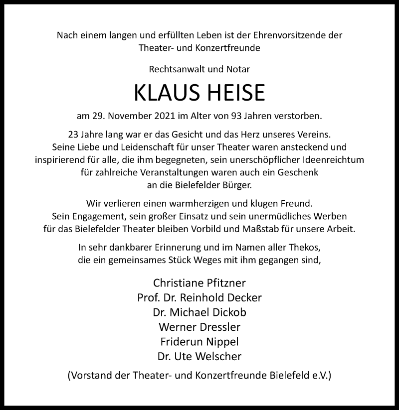  Traueranzeige für Klaus Heise vom 04.12.2021 aus Westfalen-Blatt