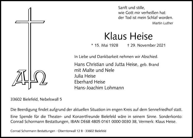  Traueranzeige für Klaus Heise vom 04.12.2021 aus Westfalen-Blatt
