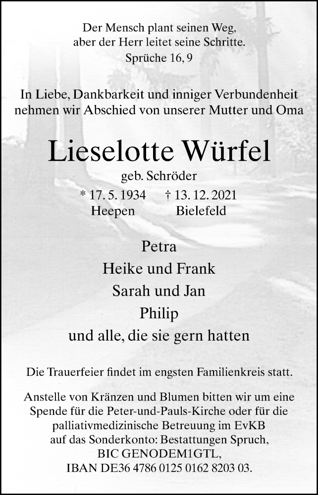  Traueranzeige für Lieselotte Würfel vom 18.12.2021 aus Westfalen-Blatt