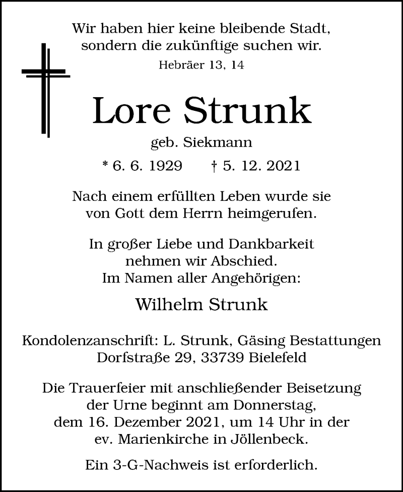  Traueranzeige für Lore Strunk vom 11.12.2021 aus Westfalen-Blatt