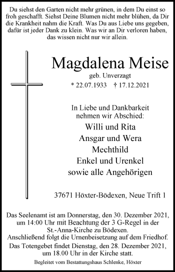 Traueranzeige von Magdalena Meise von Westfalen-Blatt