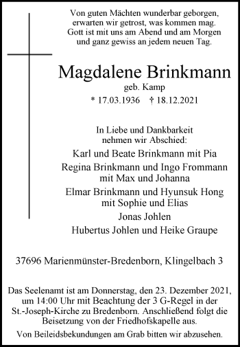 Traueranzeige von Magdalene Brinkmann von Westfalen-Blatt