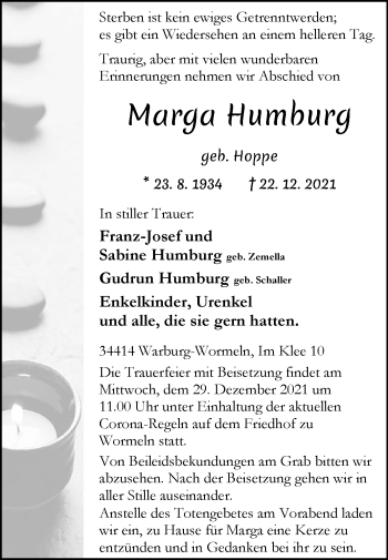 Traueranzeige von Marga Humburg von Westfalen-Blatt