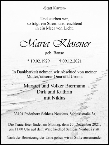 Traueranzeige von Maria Klösener von Westfalen-Blatt