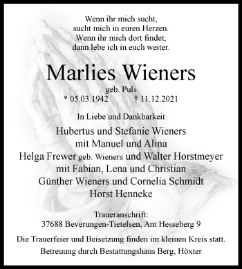 Traueranzeige von Marlies Wieners von Westfalen-Blatt