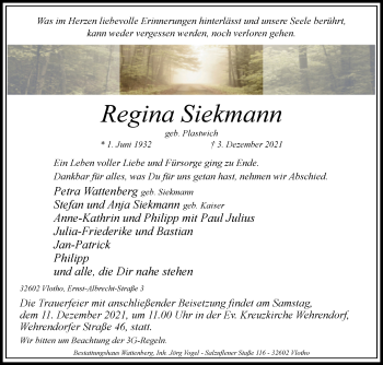 Traueranzeige von Regina Siekmann von Westfalen-Blatt
