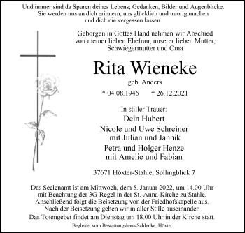 Traueranzeige von Rita Wieneke von Westfalen-Blatt