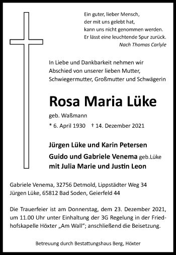 Traueranzeige von Rosa Maria Lüke von Westfalen-Blatt