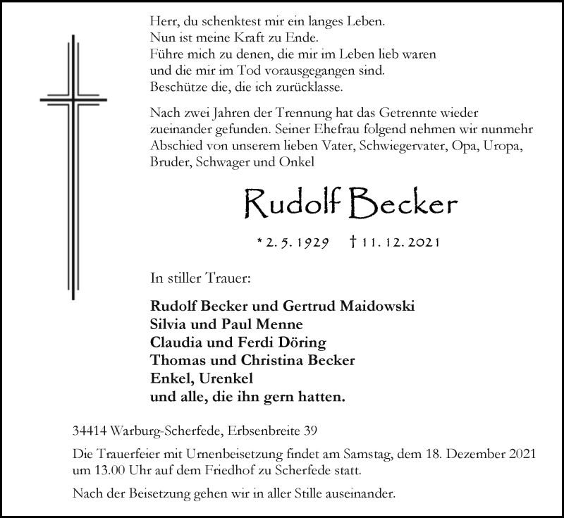  Traueranzeige für Rudolf Becker vom 15.12.2021 aus Westfalen-Blatt