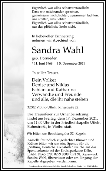 Traueranzeige von Sandra Wahl von Westfalen-Blatt